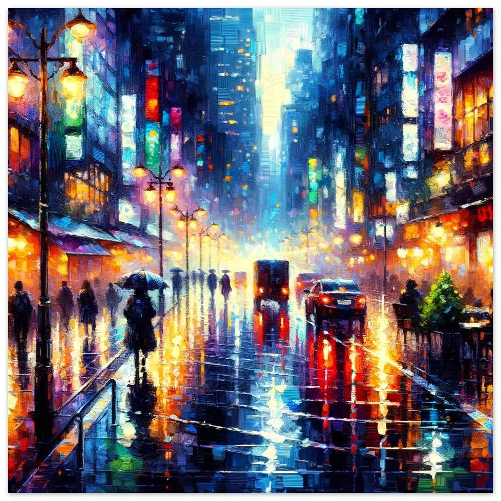 Impressionistic City Street Night Poster: Vibrant Rainy Evening Framed Print with Luminous Reflections