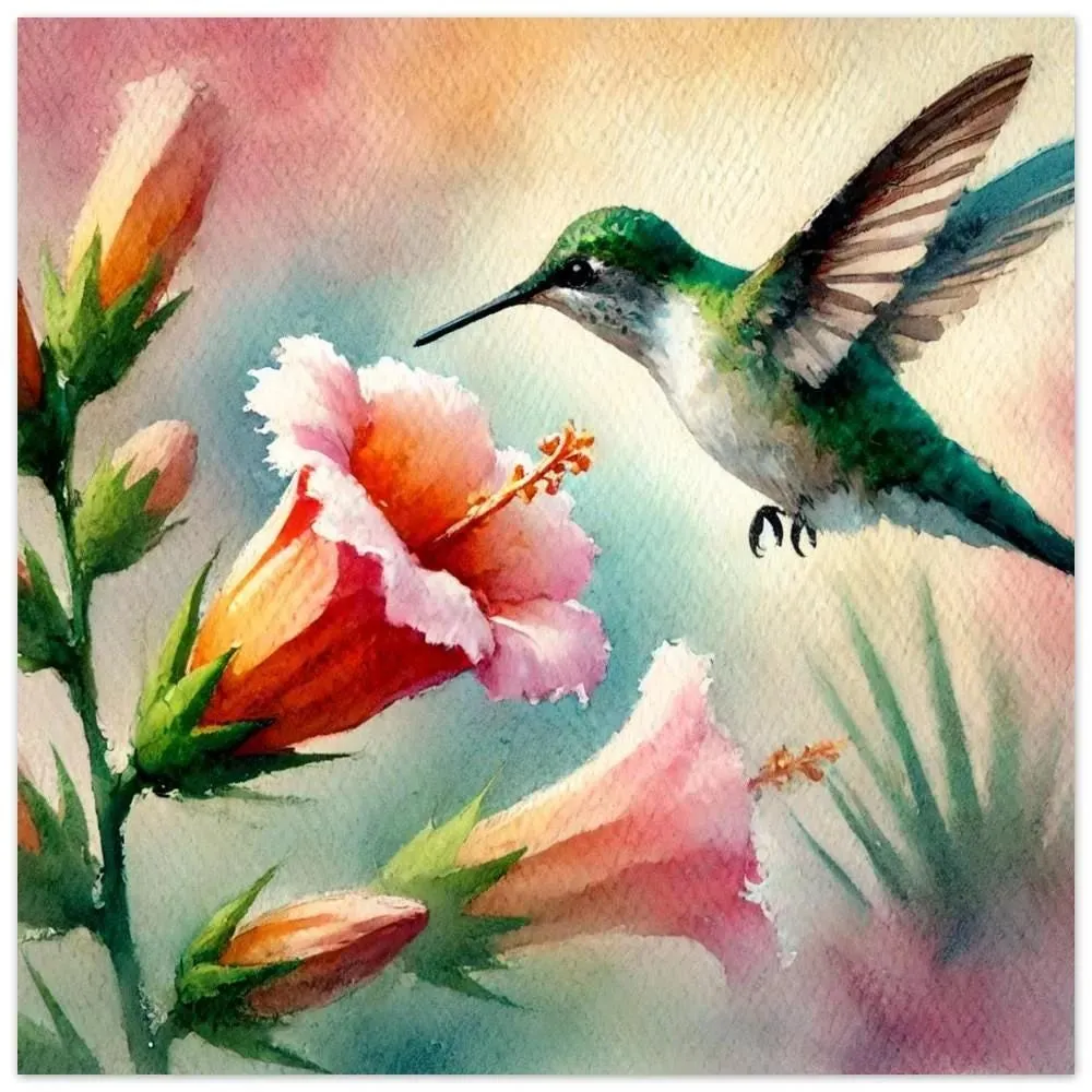 DIGITAL PRINT | Hummingbird and flower, Hummingbird watercolor, thirsty hummingbird, Beautiful bird watercolor