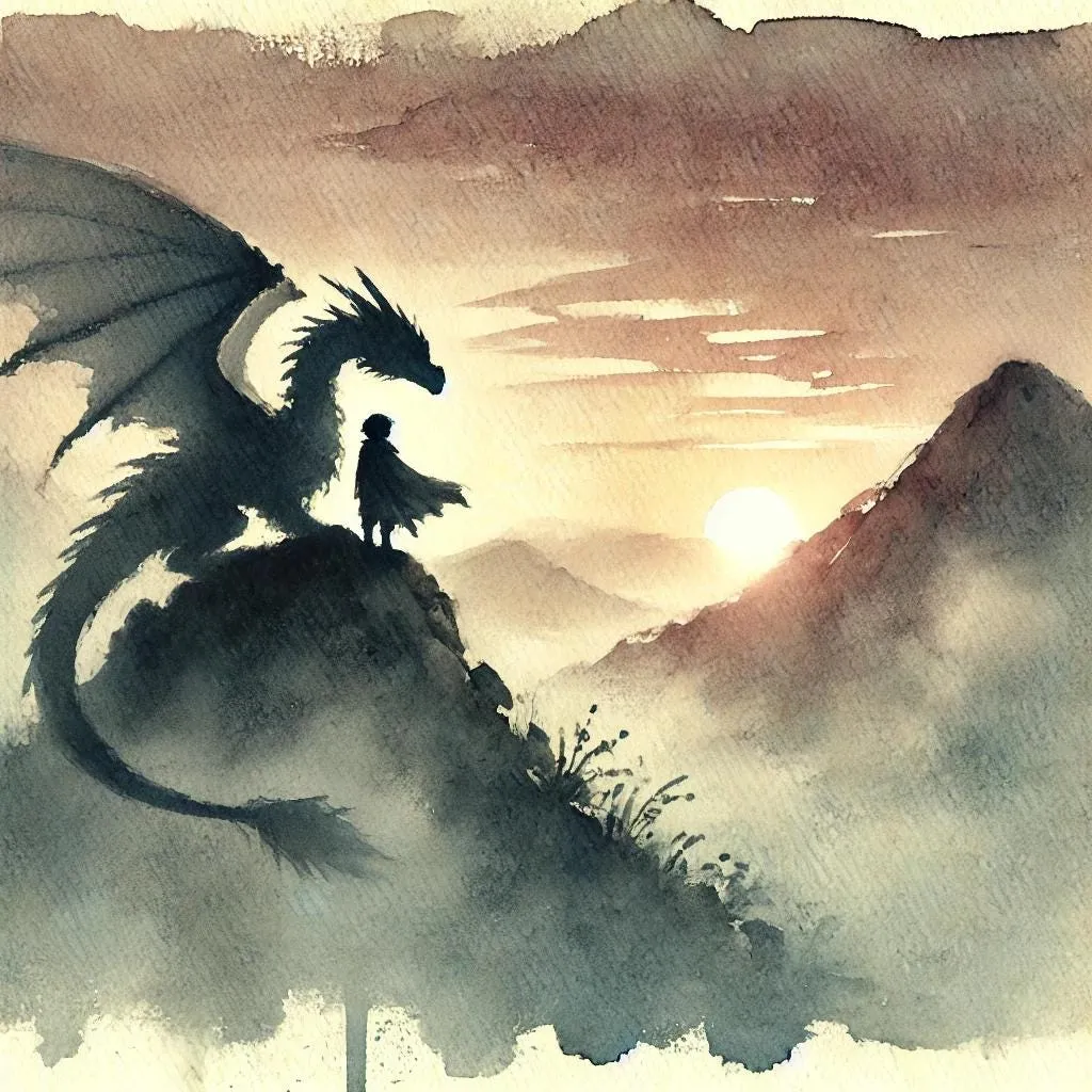 DIGITAL PRINT | Boy and Dragon Watercolor Art | Dragon Painting | Fantasy Adventure Painting | Epic Mythical Journey Artwork