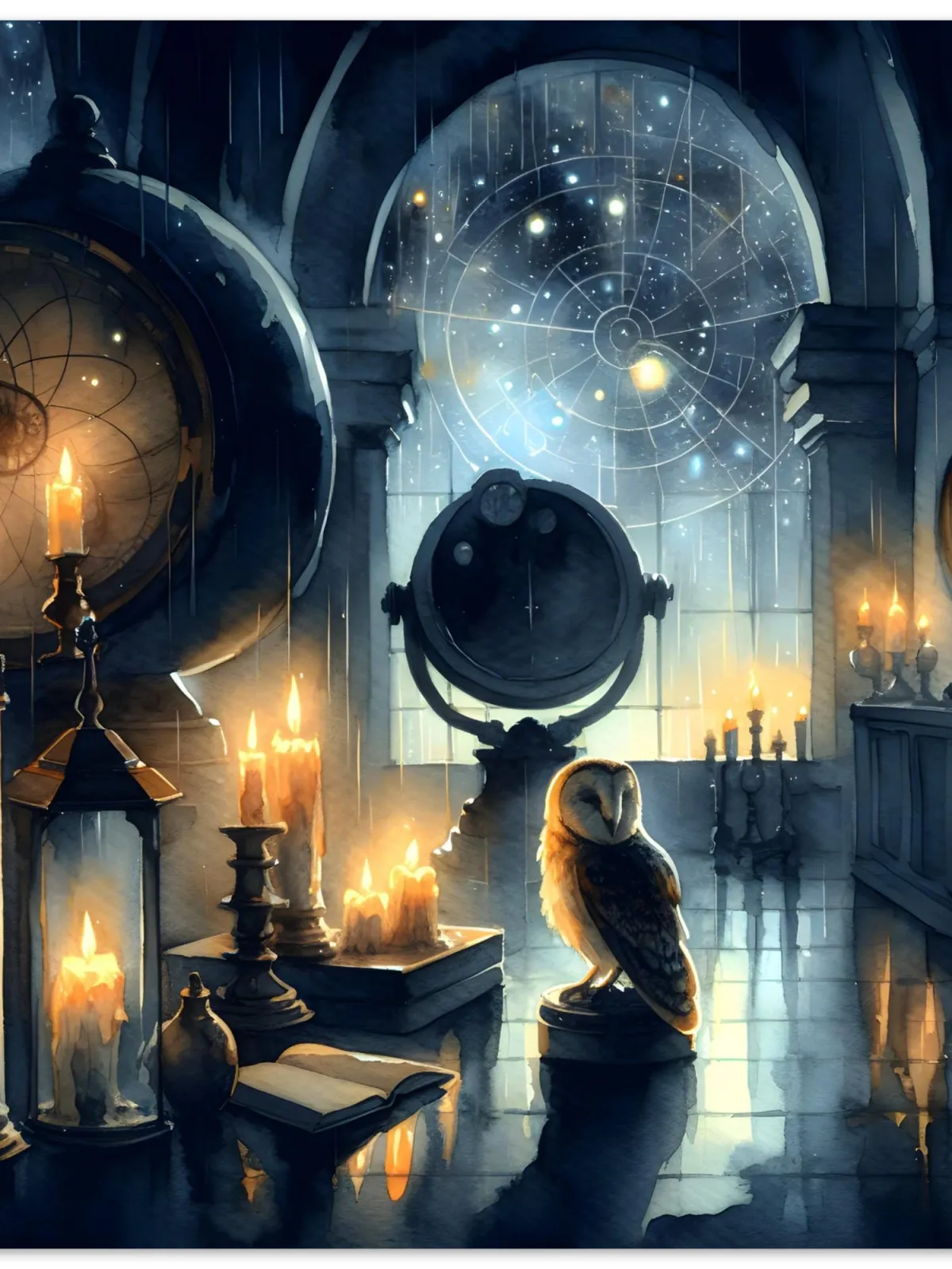 Astromancer&#39;s Owl Art Print | Magical Observatory Wall Art | Candlelit Star Room Fantasy Decor | Wall Art Print Home Decor