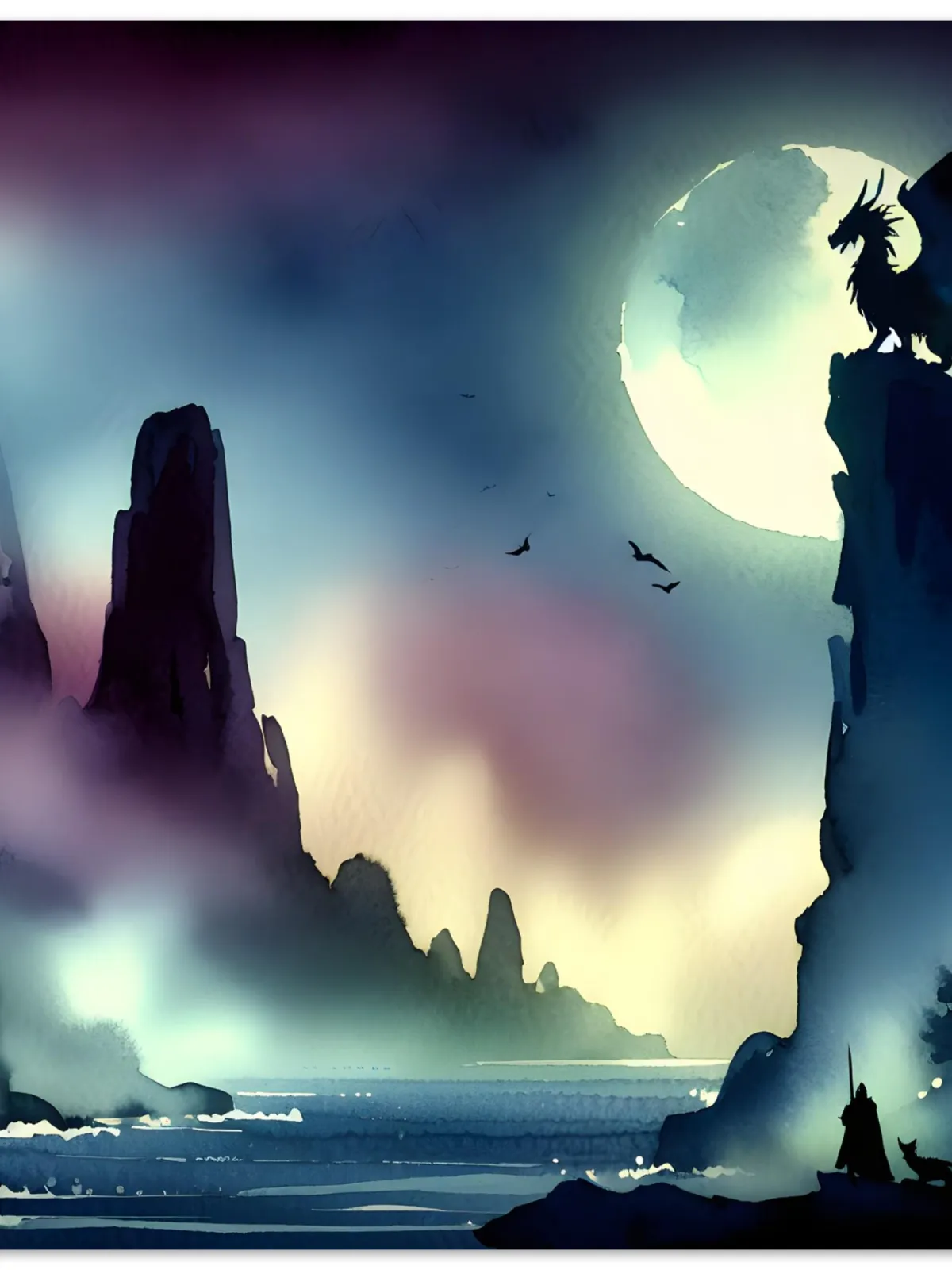 Watcher in the Valley | Dragon Art Print | Dragon Lover Print | Dragon, Warrior & Dog Silhouette Wall Decor | Wall Art Print Home Decor