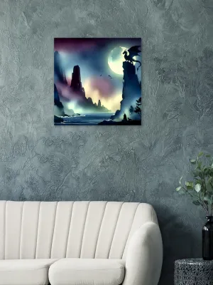 Watcher in the Valley | Dragon Art Print | Dragon Lover Print | Dragon, Warrior & Dog Silhouette Wall Decor | Wall Art Print Home Decor