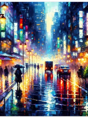 Impressionistic City Street Night Poster: Vibrant Rainy Evening Framed Print with Luminous Reflections