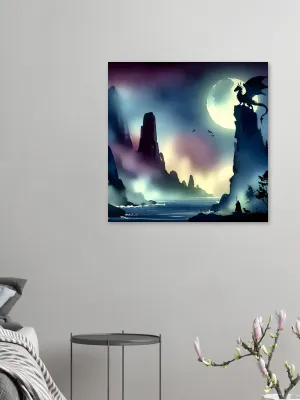 Watcher in the Valley | Dragon Art Print | Dragon Lover Print | Dragon, Warrior & Dog Silhouette Wall Decor | Wall Art Print Home Decor