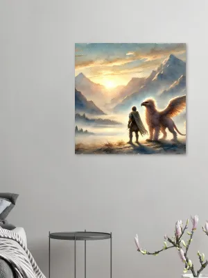 Teen and Gryphon Fantasy Art Print | Sunrise Mountain Landscape | Mythical Creature Wall Decor | Wall Art Print Home Decor