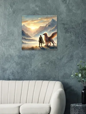 Teen and Gryphon Fantasy Art Print | Sunrise Mountain Landscape | Mythical Creature Wall Decor | Wall Art Print Home Decor