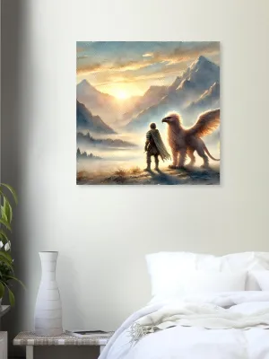 Teen and Gryphon Fantasy Art Print | Sunrise Mountain Landscape | Mythical Creature Wall Decor | Wall Art Print Home Decor