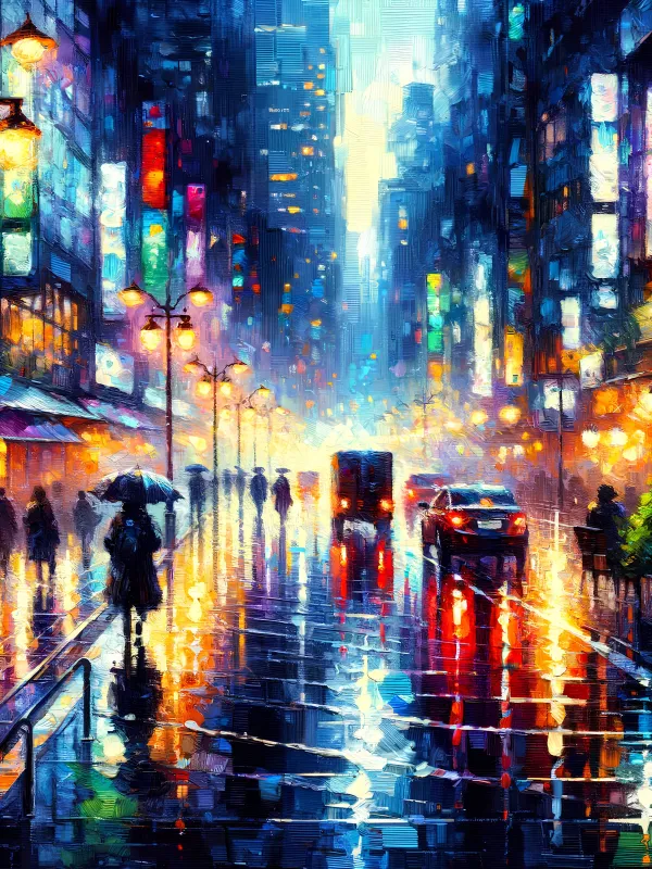 Product DIGITAL PRINT | Impressionistic City Street Night Scene: Vibrant Rainy Evening Printable Image