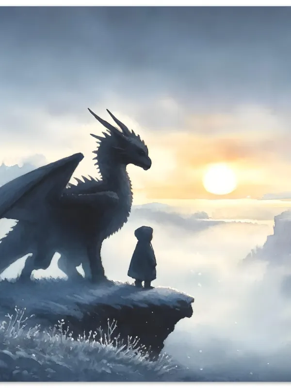 Product Child and Dragon Winter Fantasy Wall Art | Epic Adventures | Dragon kid art | Mystical Dragon Print | Wall Art Print Home Decor Image