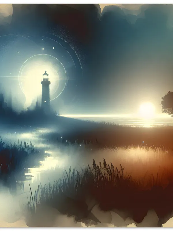 Product Dreamlike Lighthouse in Meadow Watercolor Art | Mystical Sunrise Landscape Painting | Serene Coastal Wall Decor | Wall Art Print Home Decor Image
