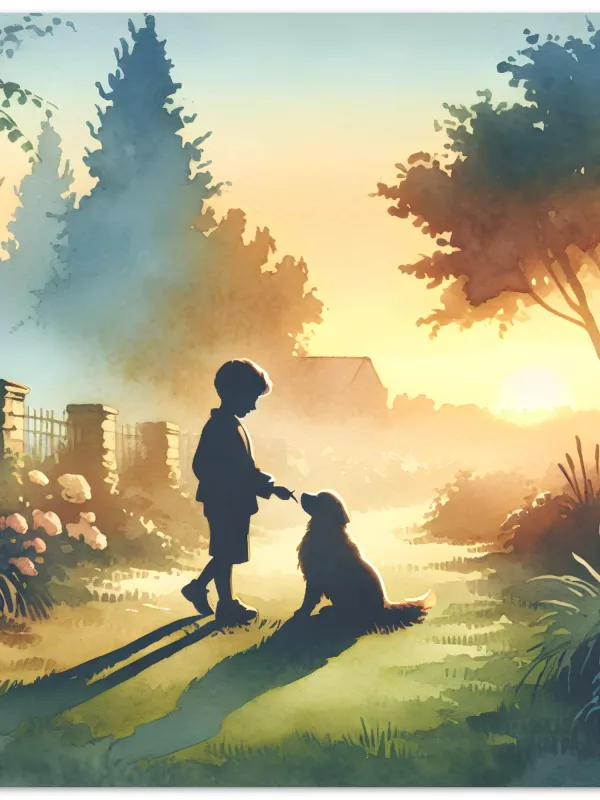 Product Boy and Puppy Sunlit Garden Watercolor Art | Heartwarming Nature Scene Painting | Wholesome Pet Lover Wall Decor | Wall Art Print Home Decor Image