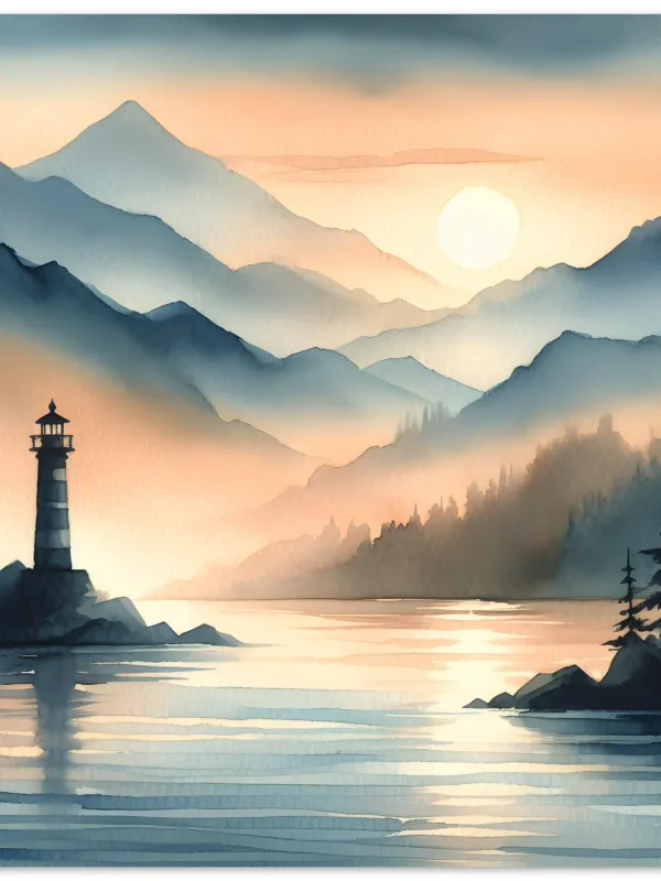 Product Lighthouse by Serene Lake Watercolor Art | Tranquil Mountain Sunset Painting | Coastal Landscape Decor | Wall Art Print Home Decor Image