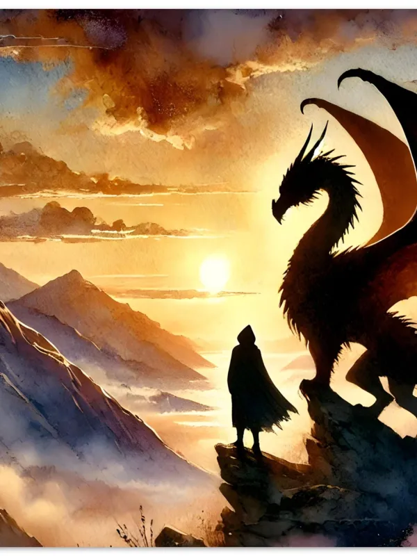 Product Dragon and Teen Watercolor Art | Dragon Watercolor Print | Child and Dragon Art | Dragon Fantasy Watercolor |  Wall Art Print Home Decor Image