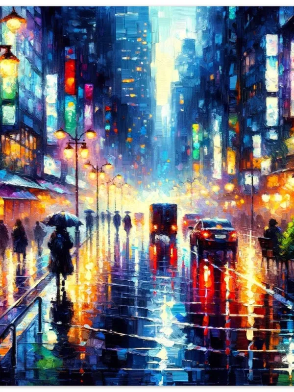 Product Impressionistic City Street Night Poster: Vibrant Rainy Evening Framed Print with Luminous Reflections Image