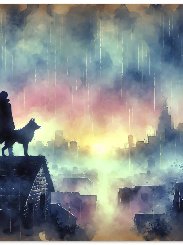Product Teen and Pet Rooftop Watercolor Art | Teen and Dog Fantasy Print | Watercolor Cityscape Wall Art | Wall Art Print Home Decor Image