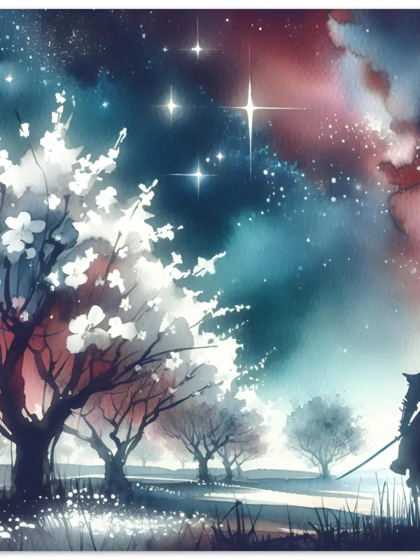 Product Samurai Under the Stars | Cherry Blossom Road Watercolor Print | Sakura Samurai Art | Japan Lover Art | Wall Art Print Home Decor Image