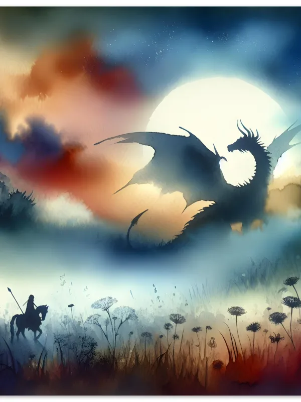 Product Mythical Dragon in Moonlit Field Watercolor Art | Fantasy Adventure Painting | Epic Dragon Silhouette Decor | Wall Art Print Home Decor Image