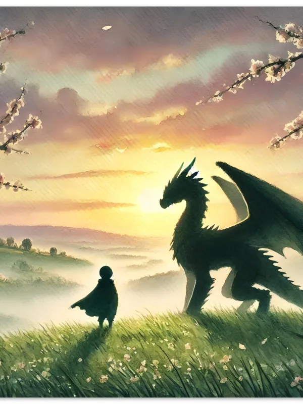 Product Boy and Dragon | Cherry Blossom Dragon | Dragon lover print | Fantasy Dragon and Sakura | Wall Art Print Home Decor Image