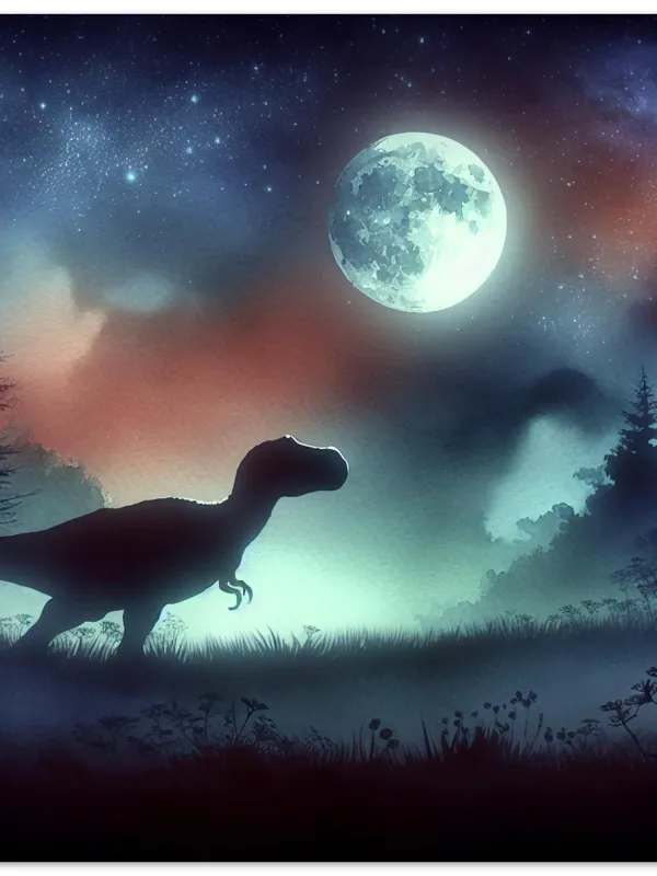 Product Dinosaur Under the Moon | Nighttime Watercolor Dinosaur Art Print | Dinosaur Lover Art | Kids Room Dinosaur | Wall Art Print Home Decor Image
