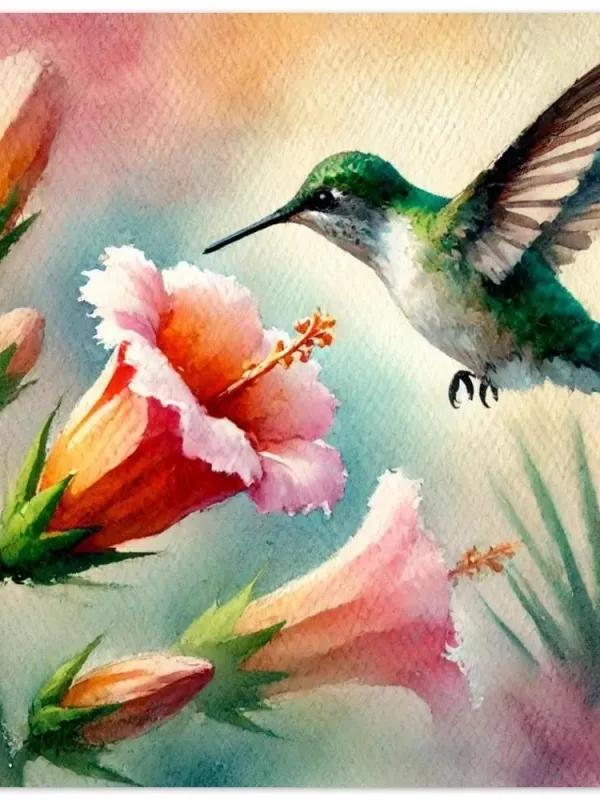Product DIGITAL PRINT | Hummingbird and flower, Hummingbird watercolor, thirsty hummingbird, Beautiful bird watercolor Image