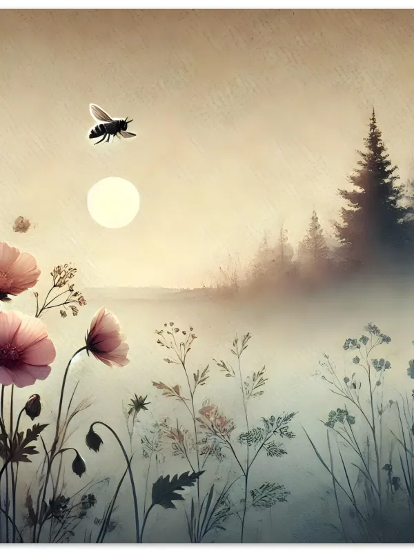 Product Dreamlike Meadow with Bee Watercolor Art | Serene Nature Scene Painting | Tranquil Wildflower Landscape Decor | Wall Art Print Home Decor Image