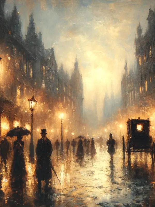 Product DIGITAL PRINT | Victorian rainy evening watercolor painting, classic art vibe, rainy London watercolor, vintage cityscape,  Printable Image