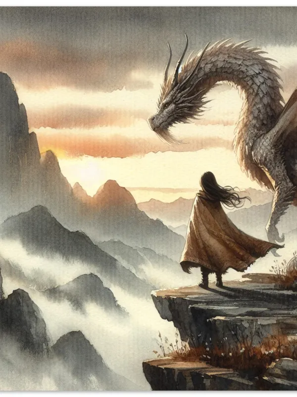 Product Flight at Dawn | Girl and Dragon Watercolor Print | Mountain Fantasy Wall Art| Wall Art Print Home Decor Image