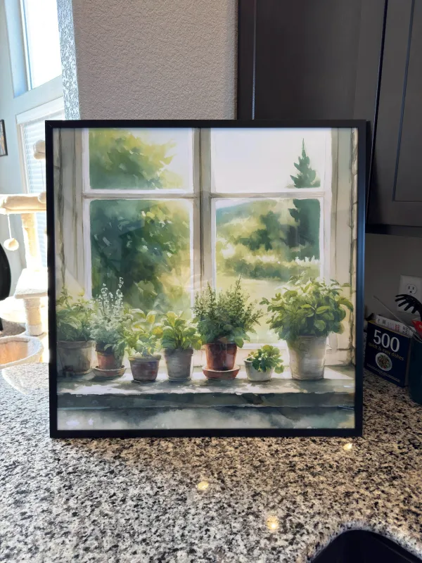 Product Herb garden window sill watercolor, herb garden watercolor, garden watercolor painting, garden art, home decor watercolor Image