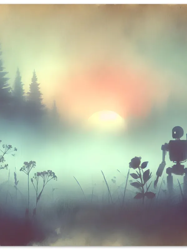 Product Robot in Dreamlike Meadow Watercolor Art | Futuristic Nature Scene Painting | Whimsical Sci-Fi Wall Decor | Wall Art Print Home Decor Image