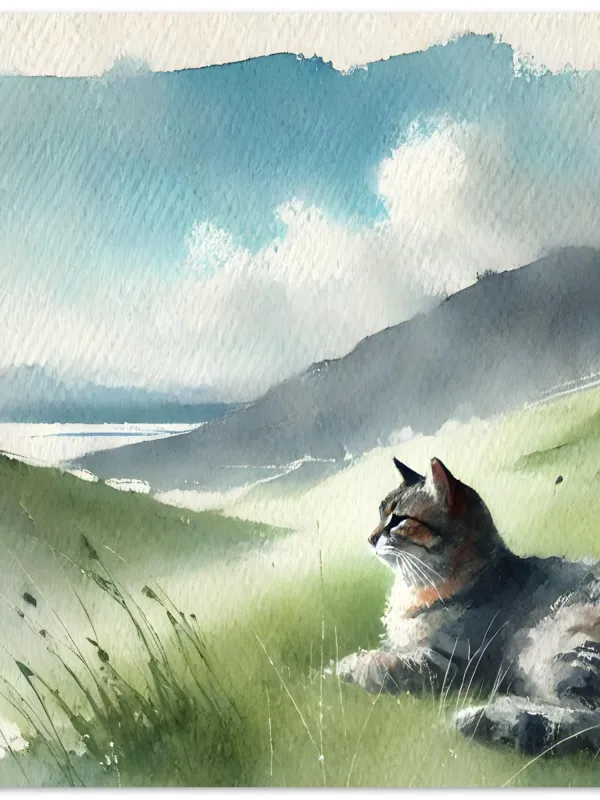 Product Cat on Grassy Hill Watercolor Art | Peaceful Nature Scene Painting | Peaceful Cat Decor |  Wall Art Print Home Decor Image