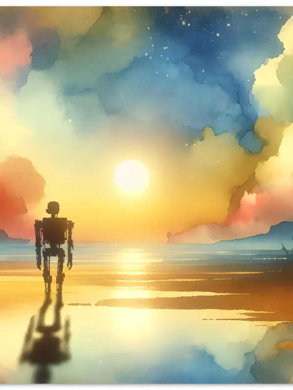 Product Robot at Sunrise | Watercolor Sci-Fi Beach Art Print | Peaceful Robot Wall Decor | Wall Art Print Home Decor Image