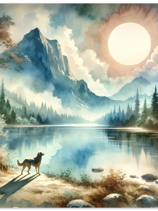 Product Lakeside Companion | Dog and Mountain Lake Watercolor | Nature and Dog Lover Art | Wall Art Print Home Decor Image