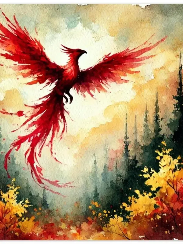 Product DIGITAL PRINT | Phoenix Watercolor Art | Majestic Phoenix Flying Over Autumn Forest | Fantasy Nature-Inspired Artwork Image