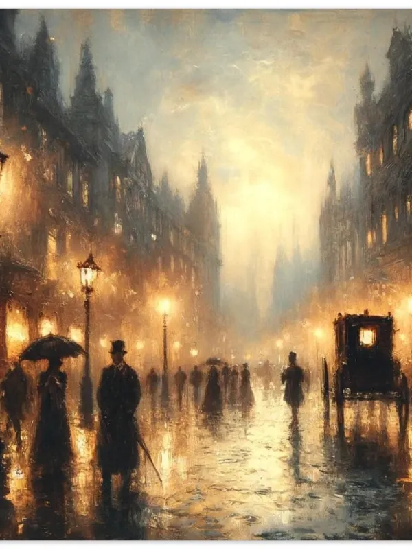 Product Victorian rainy evening watercolor painting, classic art vibe, rainy London watercolor, vintage cityscape, wall art print home decor Image