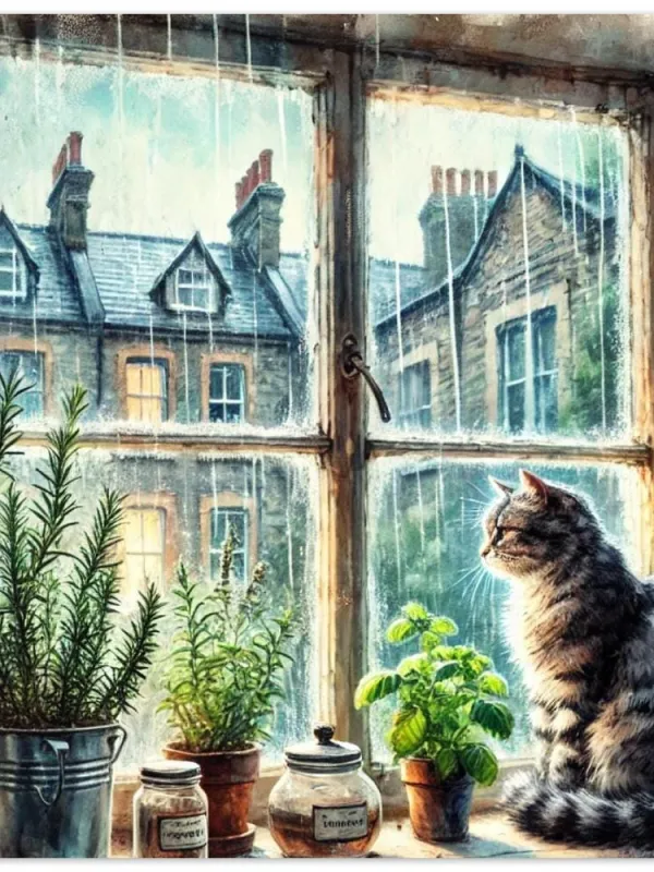 Product Cat in Rainy London Watercolor Art | Cozy Victorian Window Scene with Herbs | Charming Cat Lovers&#39; Decor | Wall Art Print Home Decor Image