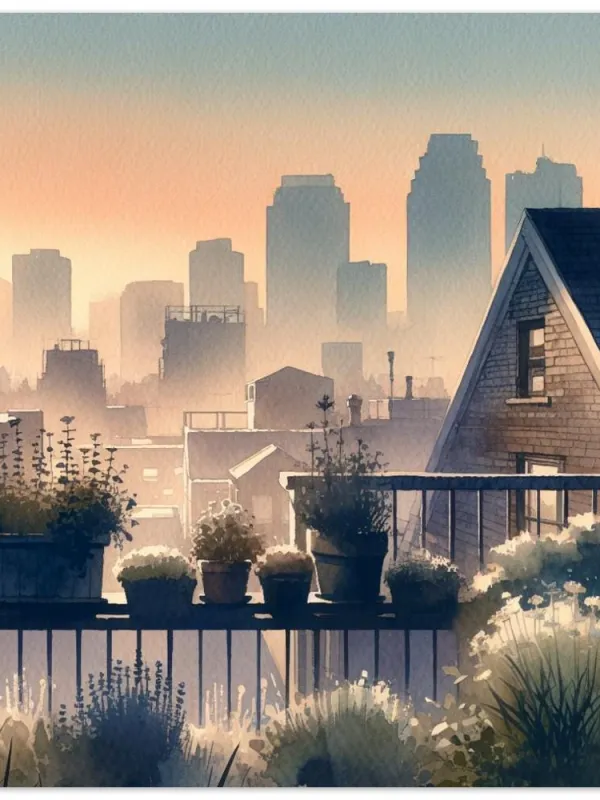 Product Rooftop Herb Garden with City Skyline Watercolor Art | Urban Oasis Painting | Serene Balcony View Wall Decor | Wall Art Print Home Decor Image