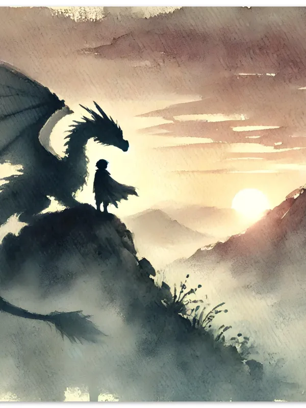 Product Boy and Dragon Watercolor Art | Dragon Painting | Fantasy Adventure Painting | Epic Mythical Journey Artwork | Wall Art Print Home Decor Image