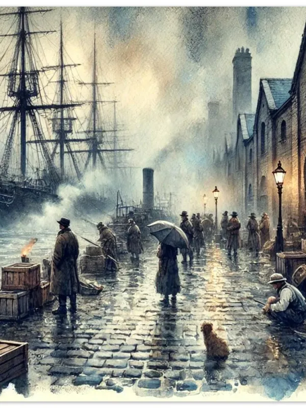 Product Dockyard watercolor, historic art, Victorian docks, nostalgic rainy day, maritime lovers art, timeless art, Wall Art Print Home Decor Image