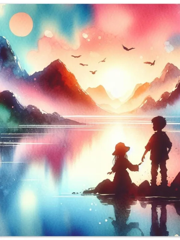 Product Sibling Adventure by Lake Watercolor Art | Vibrant Mountain View Painting | Family Wall Décor | Kids room art | Wall Art Print Home Decor Image