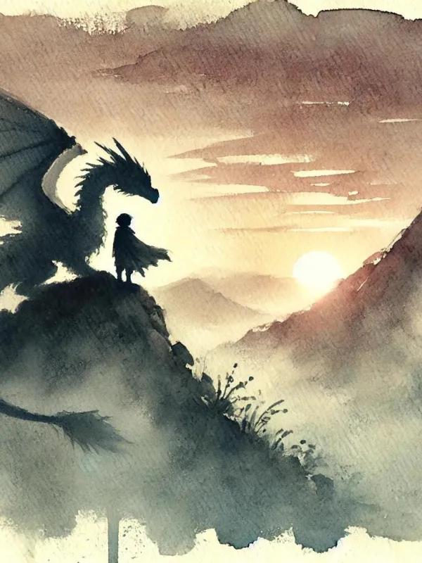 Product DIGITAL PRINT | Boy and Dragon Watercolor Art | Dragon Painting | Fantasy Adventure Painting | Epic Mythical Journey Artwork Image