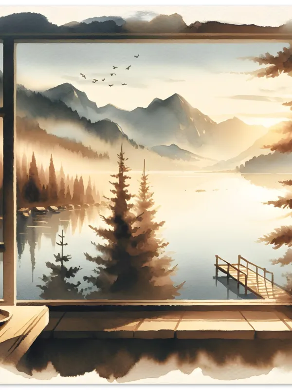 Product Serene Mountain View from Lakehouse Window Watercolor Art | Tranquil Lakeside Sunrise Art | Cozy Cabin Decor | Wall Art Print Home Decor Image