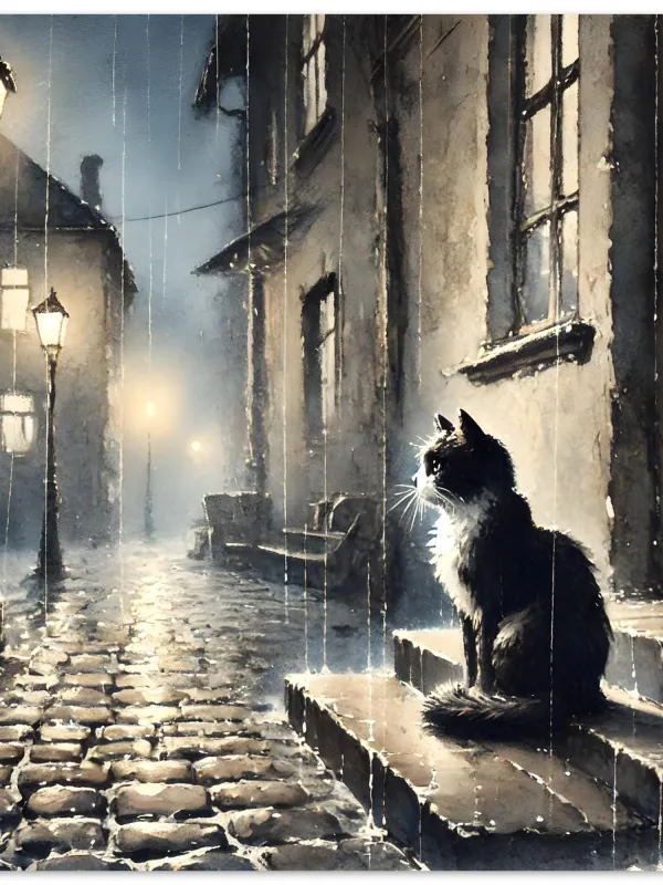 Product Solitary Cat, Cat Rainy Night, Rainy oldtown street, Watercolor Art Print, Wall Art Print Home Decor Image