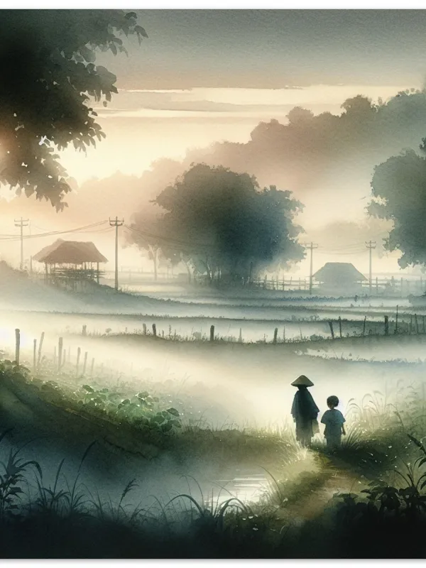 Product Siblings Walking Through Misty Farmlands | Sibling Watercolor | Family Art | Serene Nature Journey Art Print | Wall Art Print Home Decor Image