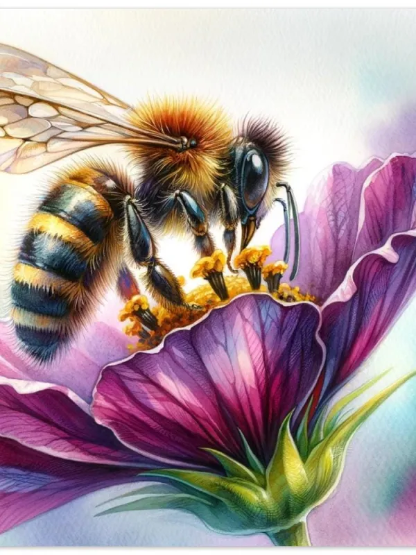 Product Bee and flower watercolor, watercolor home decor, office decor, vibrant watercolor, bee and flower painting, nature art Image