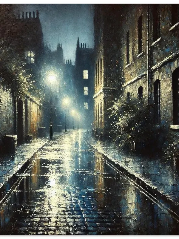 Product Enigmatic London Back Alley, Evocative watercolor, dark rainy London alley, rainy night watercolor, wall art print home decor Image