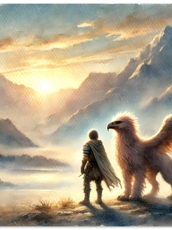 Product Teen and Gryphon Fantasy Art Print | Sunrise Mountain Landscape | Mythical Creature Wall Decor | Wall Art Print Home Decor Image