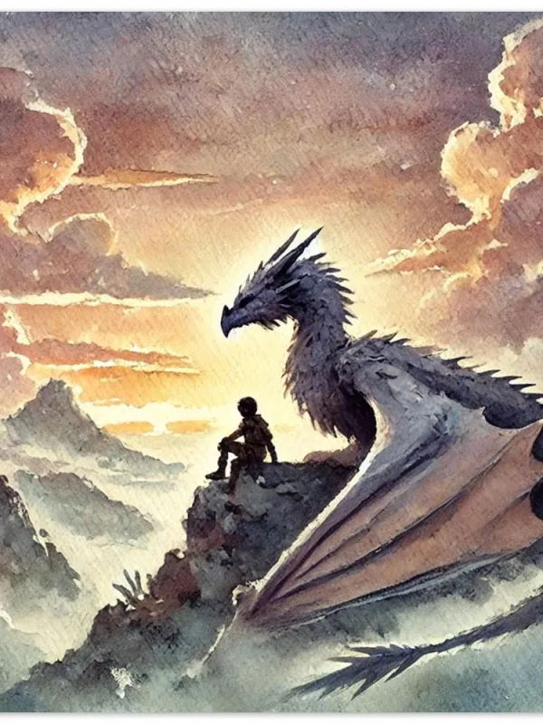 Product Child and Dragon on Mountaintop Watercolor | Fantasy Adventure Wall Art | Epic Dragon Companion Painting | Wall Art Print Home Decor Image