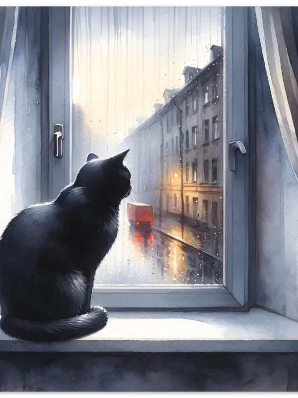 Product Rainy Day Contemplations, Wall art watercolor, cat watercolor, black cat watercolor, black void window sill watercolor Image
