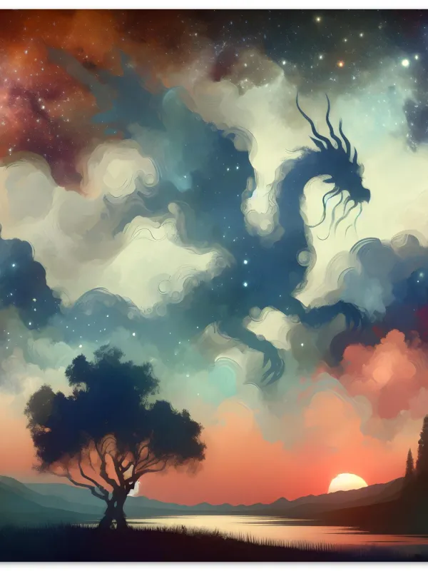 Product Celestial Dragon in Starry Sky Watercolor Art | Fantasy Nightscape Painting | Mythical Dragon Silhouette Decor | Wall Art Print Home Decor Image